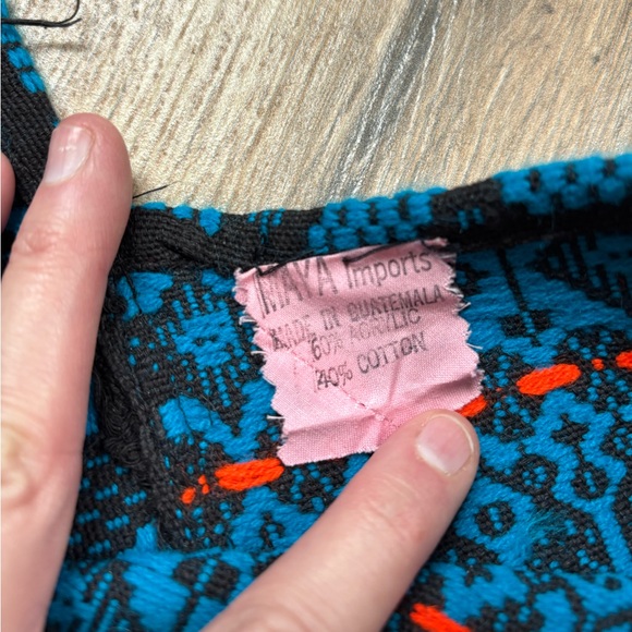 Vintage Guatemalan PONCHO Blue Black Orange Brocade Cotton Blend Hand Loomed - Picture 8 of 14